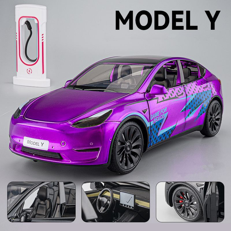 Tesla Model 3 Violet - Jouet de voiture - Voiture en métal à six portes -  Son et